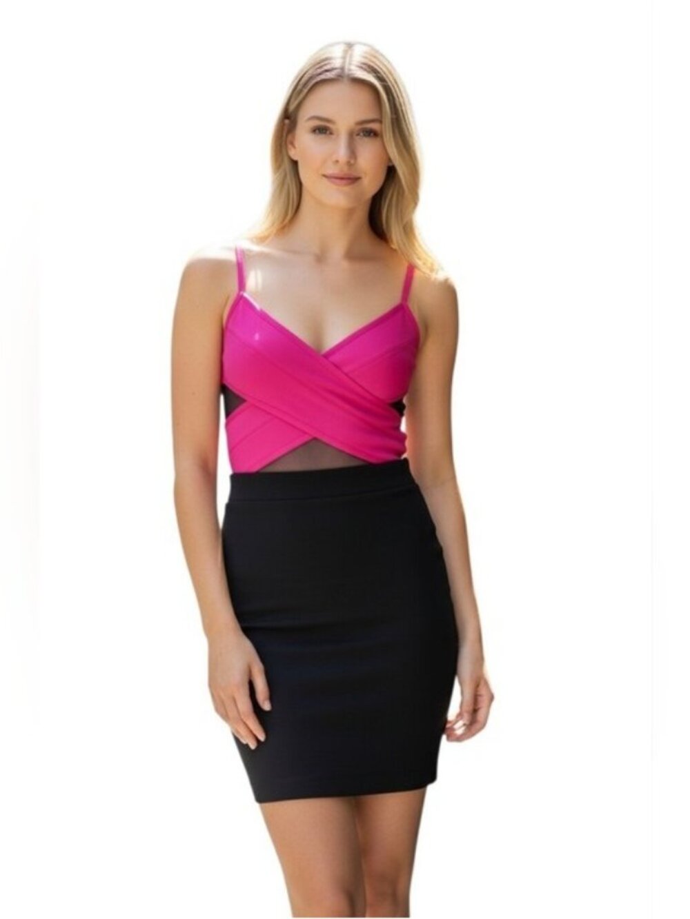 Lucy Paris Mesh Inset Colorblock Dress Pink XS